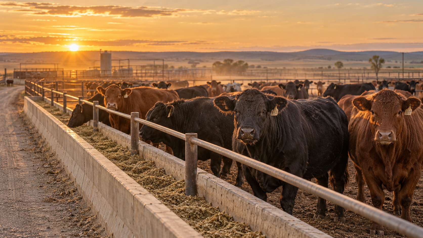 Illustrative cattle at feed bunks in a fictional Great Plains feedyard