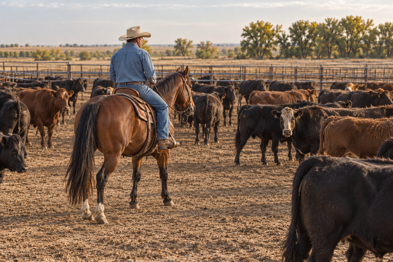 AI illustration of a cowboy on horseback inside a cattle pen checking the herd at a fictional Nebraska feedyard
