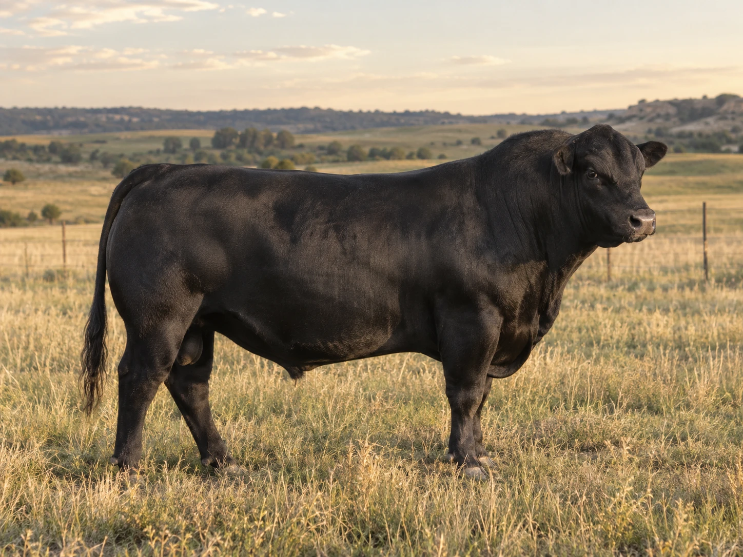 Illustrative black Angus bull standing in a prairie pasture