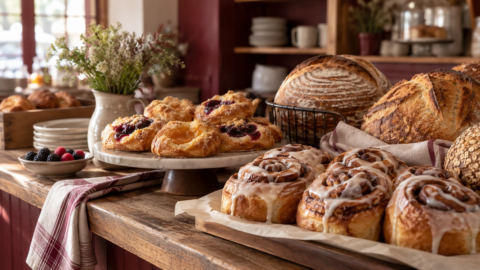 Illustrative bakery counter with cinnamon rolls, kolaches and sourdough in morning light