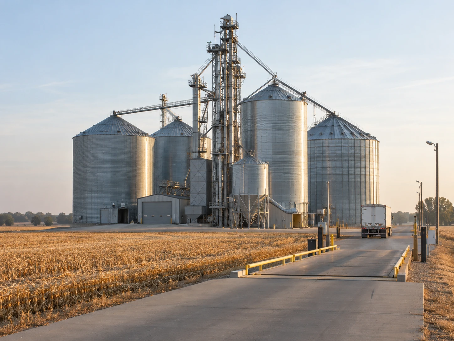 Illustrative rural grain elevator and truck beside golden fields