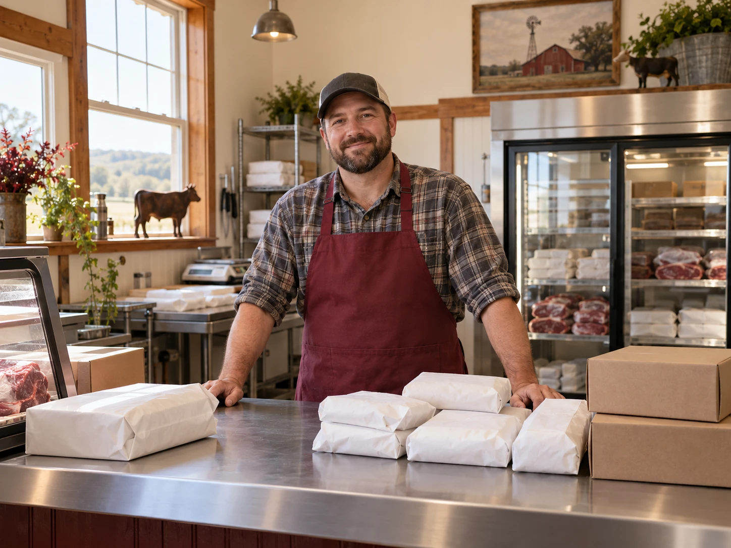 Illustrative rural locker counter with a butcher and wrapped freezer packages
