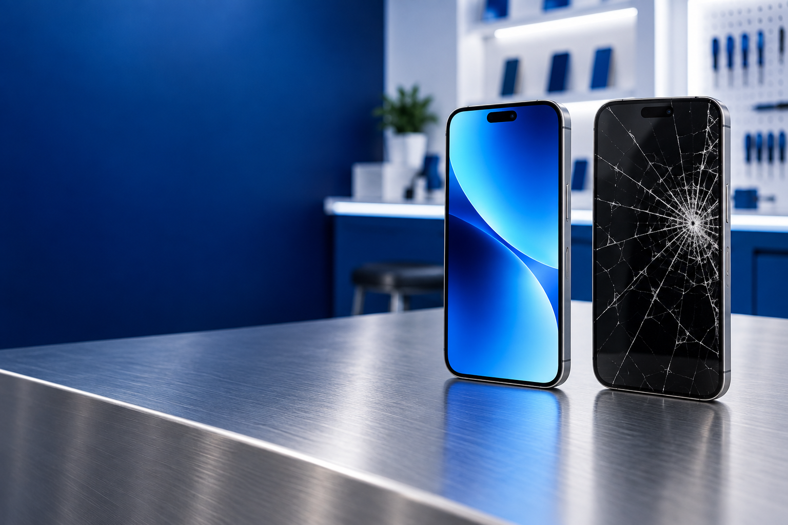 Illustrative intact and damaged smartphones