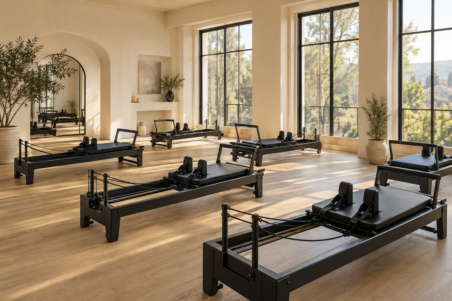 Illustrative sunlit reformer Pilates studio